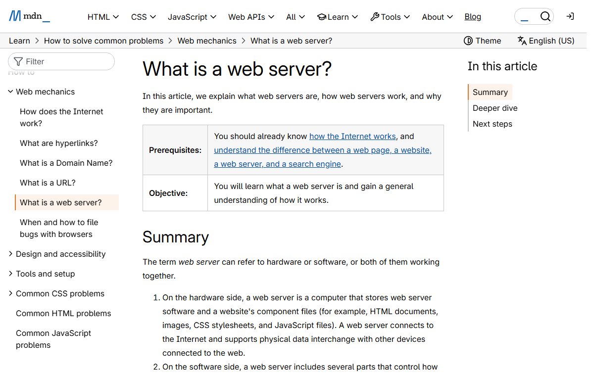 MDN's 'What is a web server?' article, which explains that the term can mean hardware, software, or both working together.